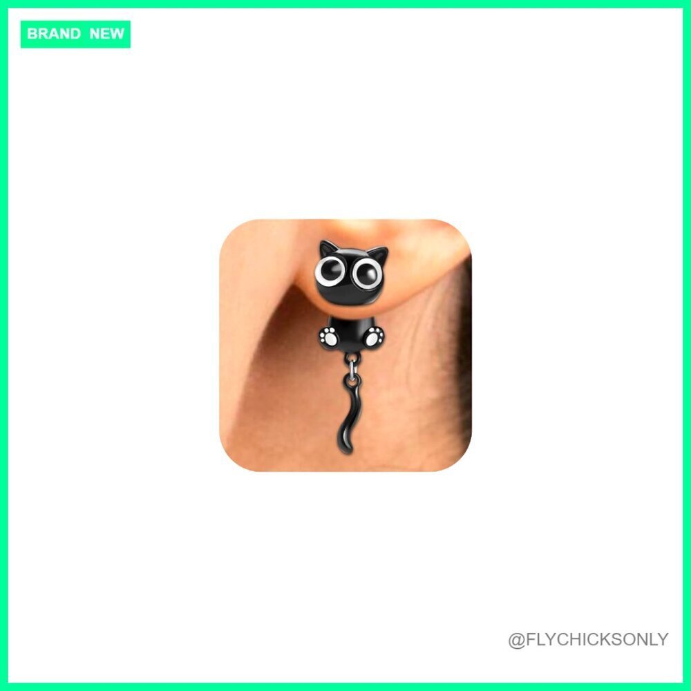 Stud Earrings Black Cat Paw Design Hypoallergenic Screw Back Post